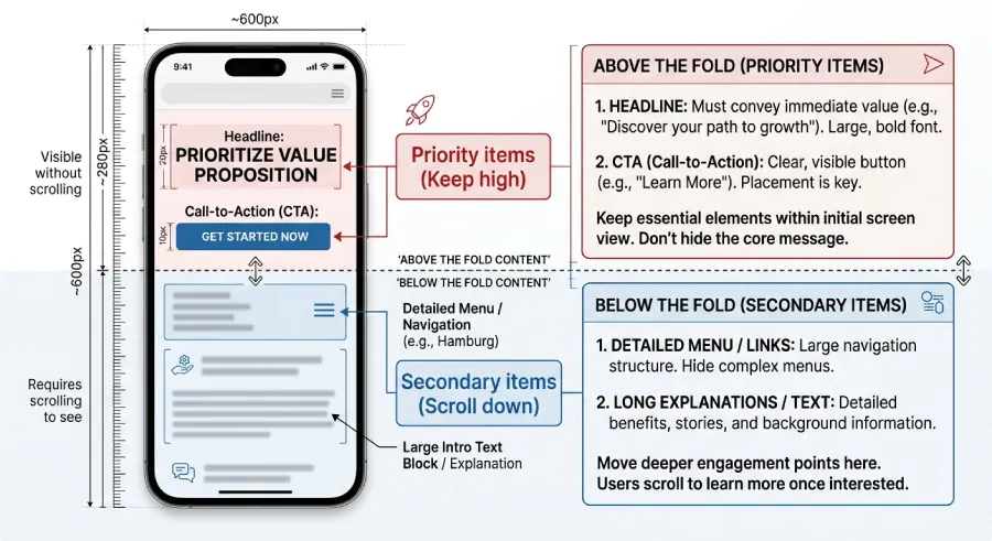 Diagram showing the limited visible pixel space on a mobile screen and what content fits inside it