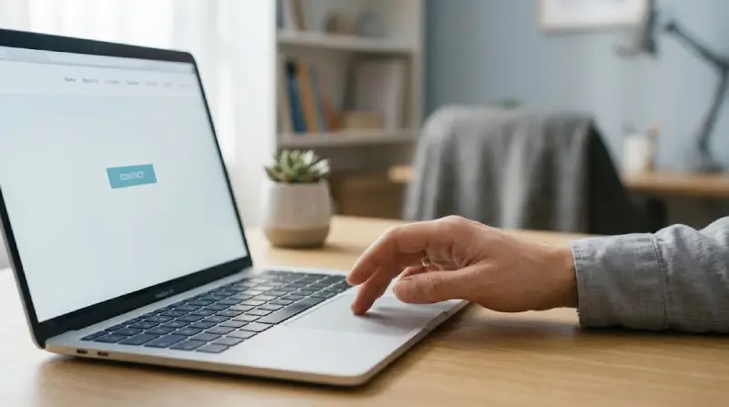 Visitor's hand hovering over a website contact button before clicking