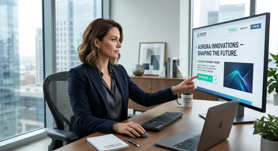 A professional reviewing and approving a website design on a large desktop monitor