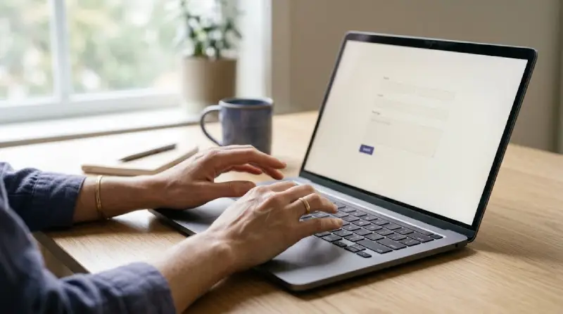 Person hesitating over an empty contact form on a laptop screen