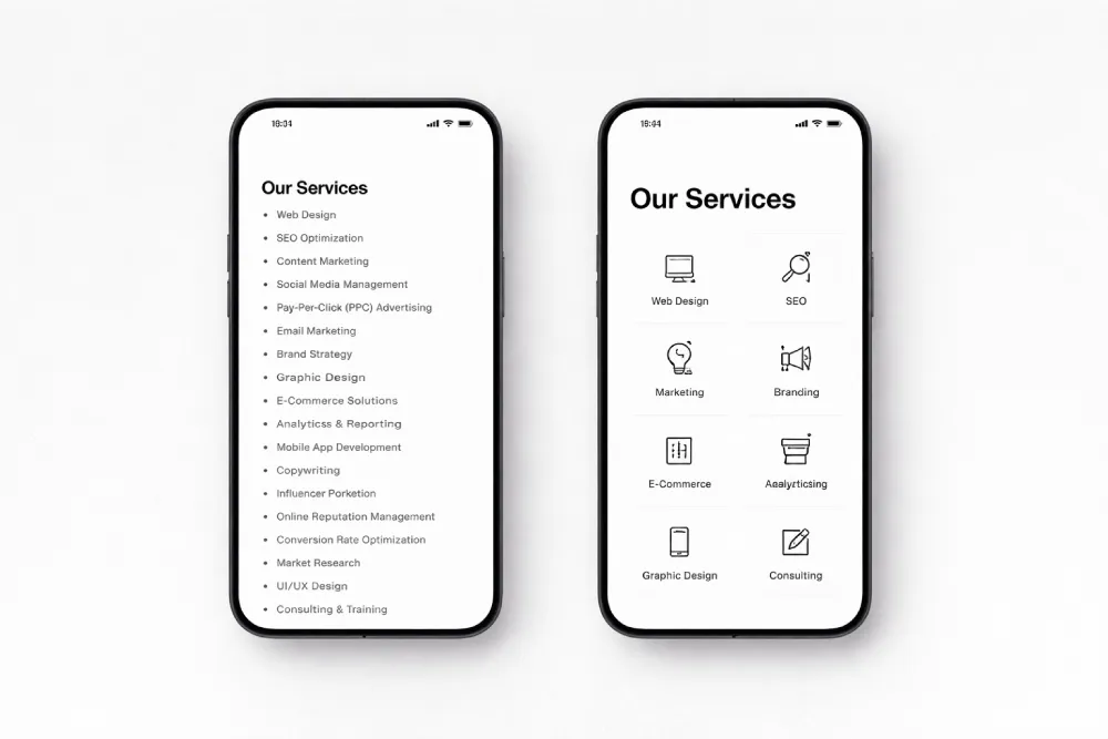Deliverables vs outcomes — services page comparison