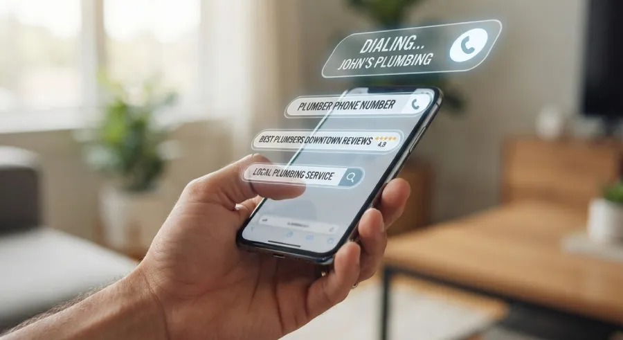 Person typing several search queries on their phone before making a phone call to a professional