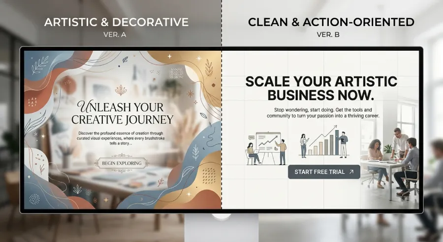 Side by side comparison of decorative design versus clear conversion focused design