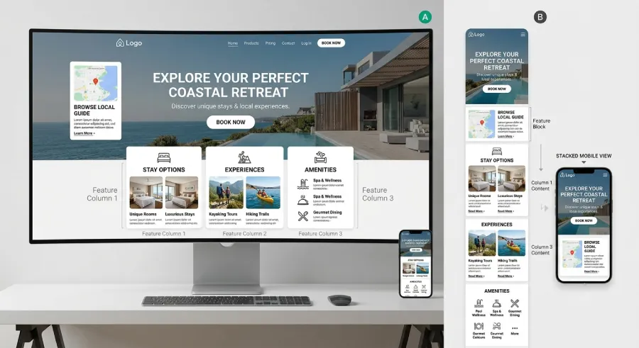 Side by side comparison of the same homepage layout on a wide desktop screen and a narrow phone screen
