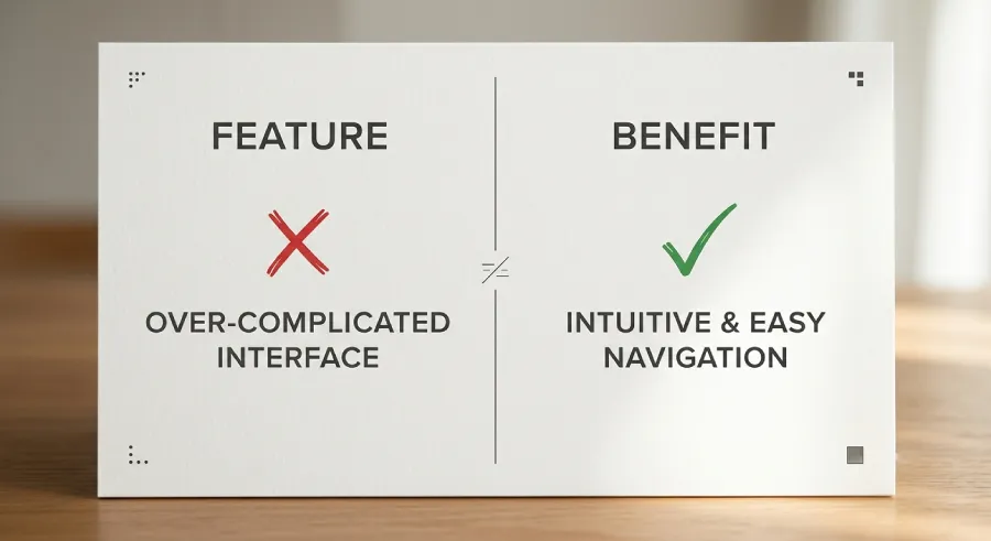 Comparison showing feature-focused copy versus benefit-focused copy for a professional website