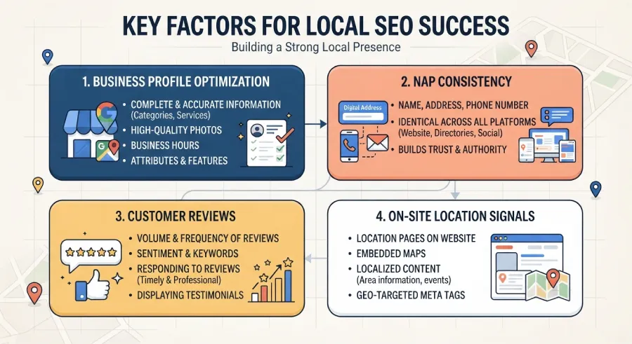 Diagram showing the local ranking factors that influence near me search results