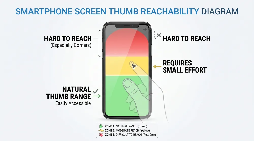 Thumb reachability zones on a smartphone screen