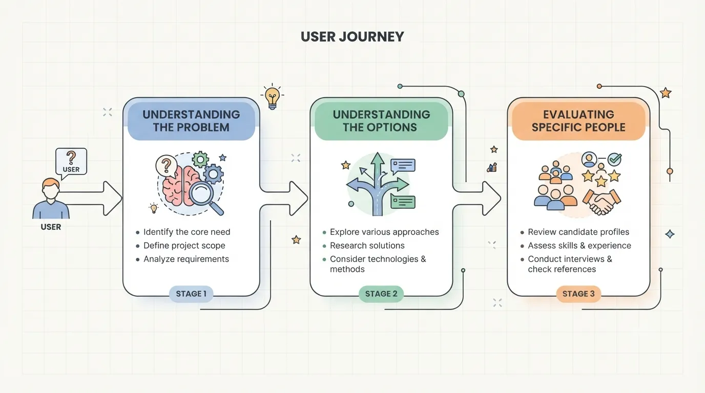 Diagram showing the three stages of a person's search journey before contacting a professional