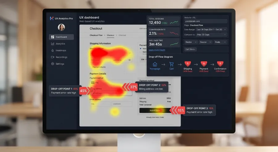 Example of a session recording and heatmap tool showing visitor drop off points on a webpage